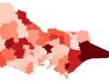 Family incidents including assault, sexual violence and child abuse are much more common in regional Victoria than in Melbourne (darker areas indicate a higher rate).